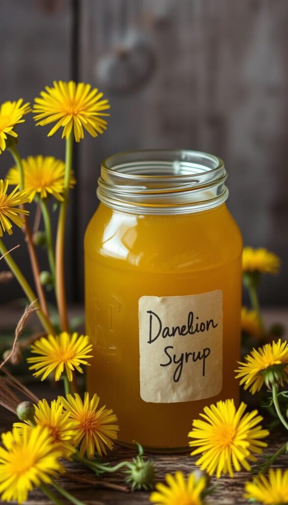 A glass jar filled with translucent, golden dandelion syrup, its smooth surface reflecting the soft, natural lighting of the scene. Delicate dandelion flowers in full bloom surround the jar, their vibrant yellow petals and wispy stems creating a rustic, pastoral atmosphere. The jar's label features a simple, hand-drawn design, hinting at the homemade, artisanal nature of the syrup. The overall composition creates a sense of warmth, simplicity, and the joyful celebration of nature's bounty.