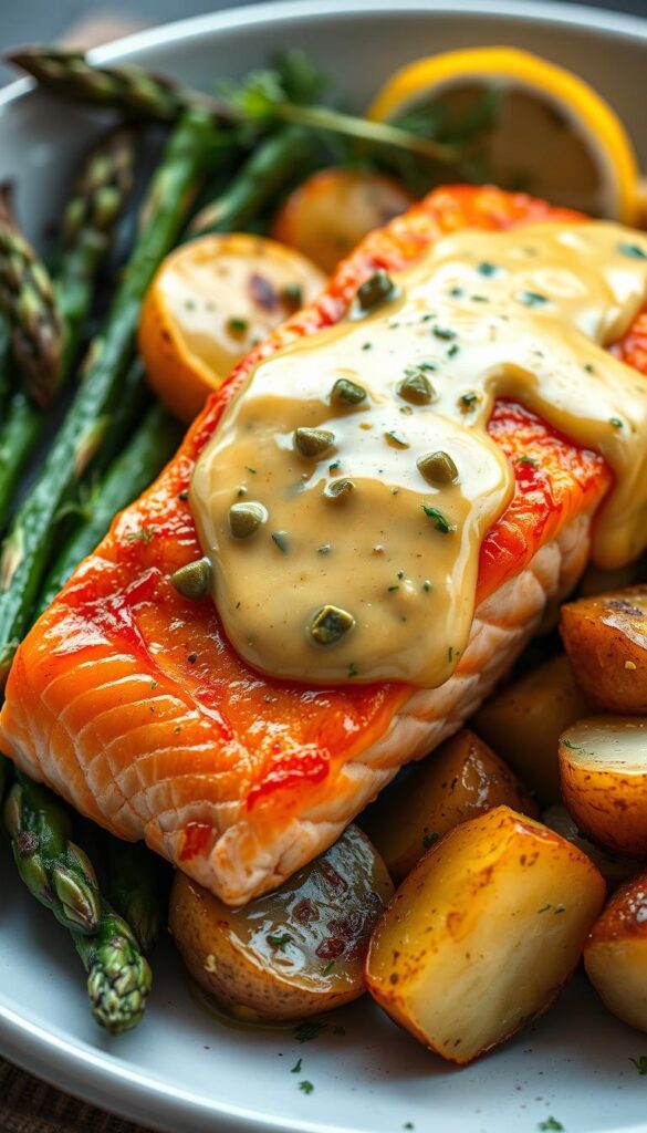 A juicy, seared salmon fillet, glistening with a creamy, tangy mustard sauce, resting atop a bed of seasonal vegetables. The fish is captured in a high-contrast, natural light setting, accentuating its vibrant orange hue and the rich, velvety texture of the sauce. Subtle hints of lemon, dill, and capers add depth and complexity to the dish. The composition is balanced, with the salmon taking center stage, surrounded by a harmonious arrangement of roasted asparagus, baby potatoes, and a sprinkle of fresh herbs. The overall atmosphere evokes a sense of summer, with a warm, inviting mood that beckons the viewer to savor each flavorful bite.
