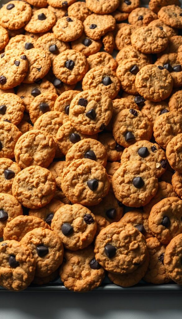 A large, inviting tray of freshly baked, crowd-pleasing cookies filling the frame. The cookies have a homemade, artisanal appearance, with a variety of shapes, sizes, and textures - chewy chocolate chip, crisp oatmeal raisin, buttery sugar cookies, and more. The cookies are arranged in an aesthetically pleasing, visually appealing way, with a slight natural shadow and a warm, soft lighting that enhances their golden-brown hues and brings out their scrumptious details. The overall scene radiates a cozy, welcoming atmosphere, perfect for sharing with a large group of family and friends.