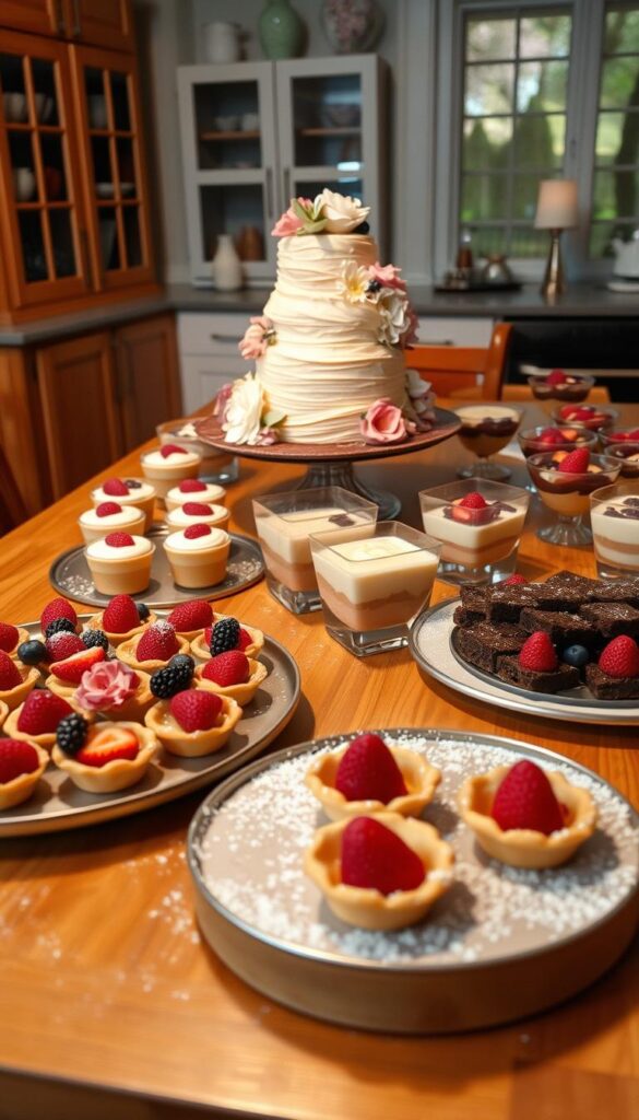 A large wooden table in a cozy kitchen setting, covered with an assortment of quick and delectable desserts. In the foreground, a tray of individual-sized fruit tarts with flaky crusts and vibrant berries. Beside it, a platter of rich, fudgy brownies dusted with powdered sugar. In the middle ground, a towering tiered cake with swirls of creamy frosting and fresh flowers cascading down the sides. Shimmering glass dishes filled with silky puddings and layered parfaits. The warm, inviting lighting casts a soft glow, highlighting the array of tempting treats ready to be shared with a crowd. A scene of effortless elegance and mouthwatering indulgence.