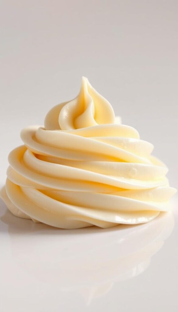 A luscious, creamy pile of plush cream cheese frosting sits atop a smooth, glistening surface. The frosting has a soft, pillowy texture, with delicate swirls and peaks that catch the warm, diffused lighting from above. The color is a rich, velvety ivory, with a subtle sheen that reflects the light, creating a tantalizing, appetizing appearance. The frosting appears light and airy, yet substantial, with a decadent, indulgent quality that beckons to be tasted. The background is a clean, minimalist setting, allowing the frosting to take center stage and be the sole focus of the image.