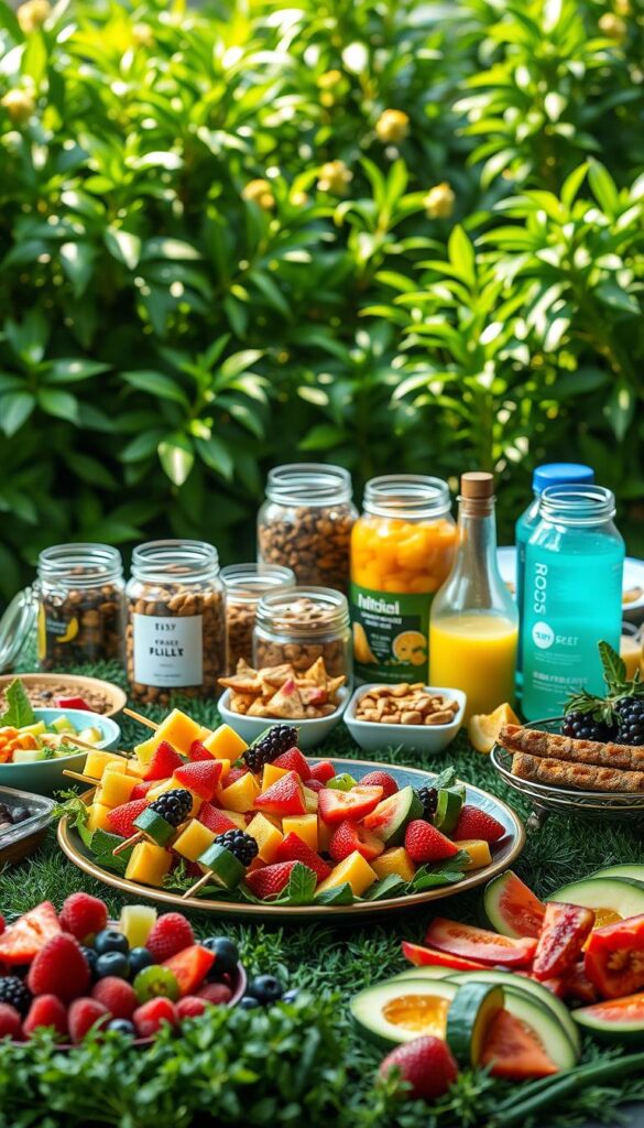 A lush, inviting table covered in a variety of delectable soccer team snacks, artfully arranged against a backdrop of lush greenery. In the foreground, a platter of fresh fruit skewers, vibrant berries, and colorful vegetable crudités. In the middle ground, jars of nutrient-dense trail mix, energy bars, and hydrating electrolyte drinks. The lighting is soft and natural, highlighting the vibrant colors and textures of the spread. The overall atmosphere conveys a sense of nourishment, teamwork, and pre-game excitement, perfectly suited to fuel a winning soccer performance.
