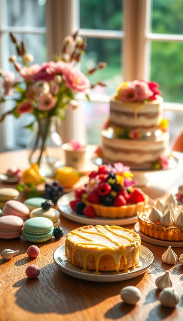 A lush, spring-inspired dessert spread on a wooden table, bathed in warm, golden light. In the foreground, delicate pastel-colored macarons, fresh berries, and a drizzled lemon tart. In the middle ground, a tiered cake adorned with edible flowers and a scattering of colorful meringues. In the background, a vase of freshly picked blooms and a gauzy, softly focused window overlooking a verdant garden. The overall mood is one of welcoming, springtime elegance and a sense of shared indulgence.