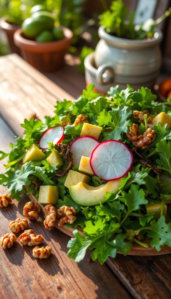A lush, vibrant salad filled with freshly harvested dandelion greens, nestled on a rustic wooden table. The dandelion leaves glisten with a light dressing, complemented by colorful slices of radish, chunks of creamy avocado, and a scattering of toasted walnuts. The scene is bathed in warm, natural light, creating a homey, inviting atmosphere. In the background, a hint of a garden or farmhouse setting adds to the organic, earthy feel. The composition is balanced and visually appealing, showcasing the beauty and versatility of this underappreciated wild green.