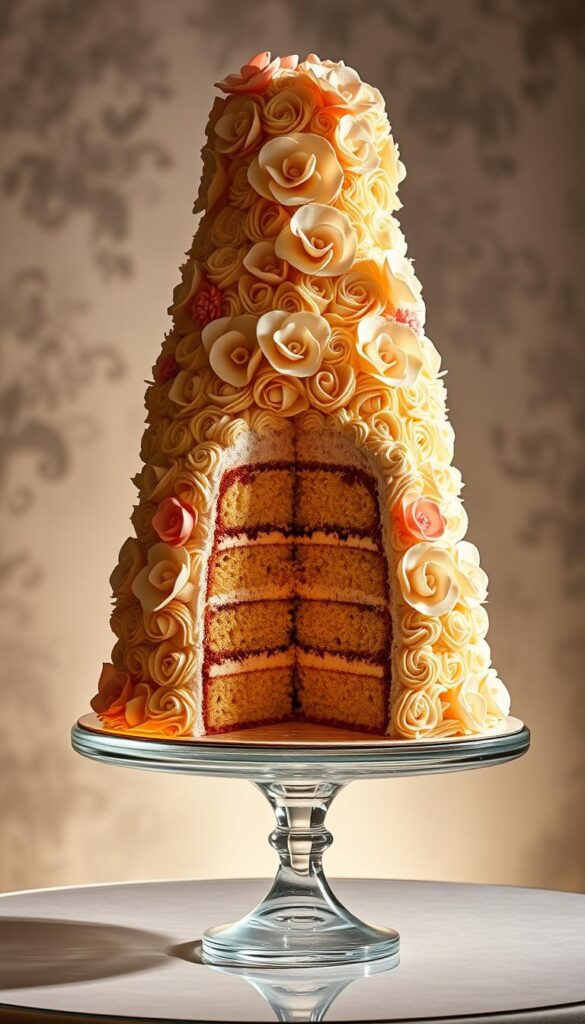 A magnificent celebration cake, the centerpiece of a grand occasion. A towering confection, adorned with intricate fondant ruffles and delicate sugar flowers in soft pastel hues. The cake stands proudly on an elegant glass pedestal, its layers revealed in cross-section, showcasing the moist sponge and creamy filling. Warm, directional lighting casts a soft, inviting glow, accentuating the cake's luscious textures and decorative details. In the background, a sophisticated backdrop of muted grays and whites, allowing the cake to be the undisputed star. The overall mood is one of refined elegance and joyful celebration, a true showstopper destined to delight all who behold it.