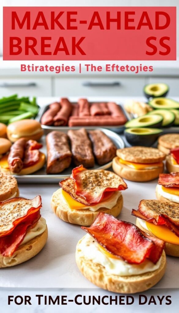 A meticulously arranged spread of make-ahead breakfast sandwiches, captured in a soft, natural lighting. In the foreground, an array of fresh, toasted English muffins, layered with perfectly cooked eggs, crisp bacon, and melted cheddar cheese. The middle ground features a variety of prepped ingredients, such as pre-cooked sausage patties and sliced avocado, ready to be assembled. The background showcases a clean, minimal kitchen counter, hinting at the convenience and practicality of these time-saving breakfast options. The overall composition evokes a sense of effortless preparation and mouth-watering appeal, perfectly capturing the essence of "Make-Ahead Breakfast Strategies for Time-Crunched Days".
