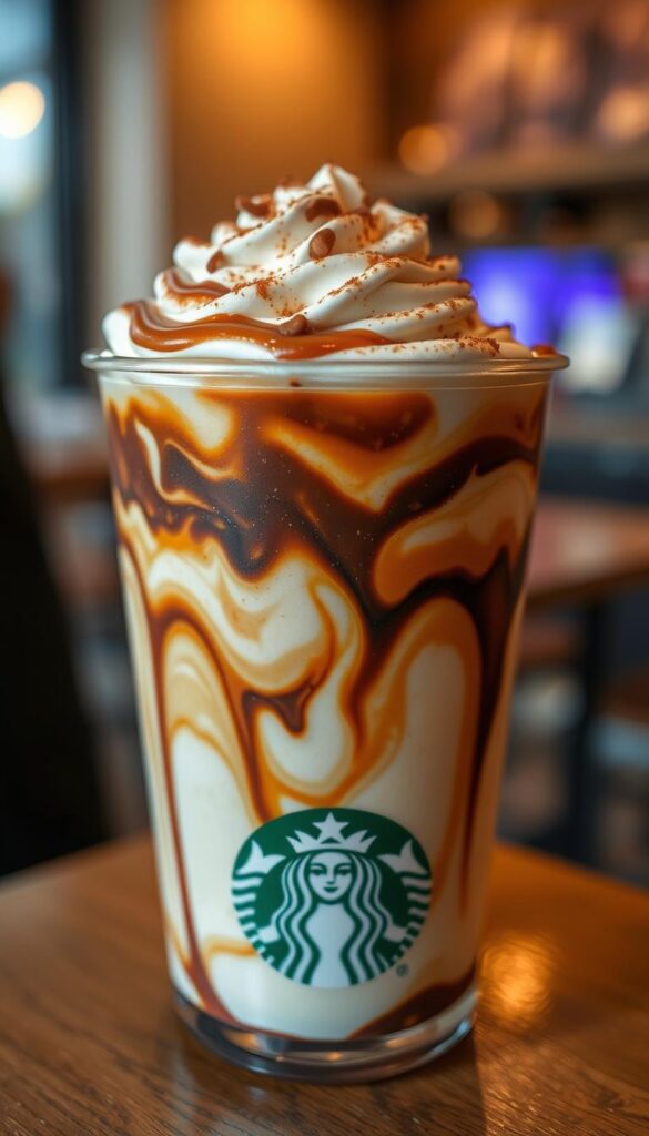 A meticulously crafted Starbucks secret menu drink, featuring a vibrant blend of distinct flavors. A creamy base with swirls of rich chocolate, a hint of caramel sweetness, and a delicate dusting of cinnamon on top. The drink is captured in a close-up shot, showcasing the intricate layering and textures. Soft, warm lighting illuminates the drink, creating a cozy, inviting atmosphere. The camera angle is slightly tilted, adding a touch of whimsy and drawing the viewer's gaze to the captivating details of this unique and alluring secret menu creation.