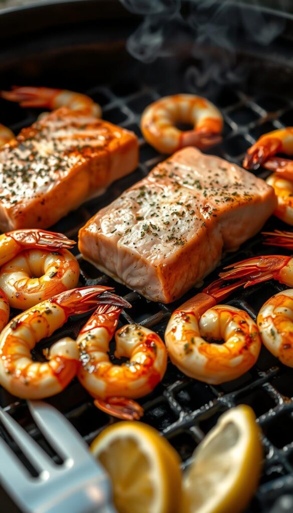 A mouth-watering medley of juicy grilled salmon and succulent shrimp, sizzling atop a grill grate with charred edges. The fish's pink flesh glistens under warm, golden lighting, while the shrimp's vibrant orange hues pop against the dark, smoky backdrop. A light dusting of herbs and spices adds depth of flavor, complementing the seafood's natural sweetness. The scene is framed by a crisp, blurred foreground of utensils and a lemon wedge, hinting at the delectable meal to come. The overall image conveys an atmosphere of summer alfresco dining, with a sense of casual elegance and appetite-whetting anticipation.