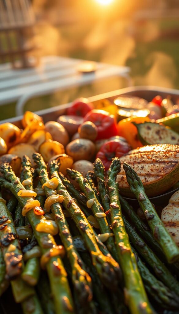 A mouthwatering array of grilled side dishes, sizzling and glistening under the warm evening sun. In the foreground, perfectly charred asparagus spears, crisp on the outside yet tender within, drizzled with a tangy lemon-garlic vinaigrette. Alongside, roasted baby potatoes with a crispy golden crust, seasoned with fragrant herbs and a dusting of paprika. In the middle ground, grilled zucchini and bell peppers, their vibrant colors and distinct char lines creating a visually striking composition. The background is bathed in the soft, golden glow of the setting sun, casting long shadows and lending an inviting, laid-back atmosphere to the scene. Captured with a wide, cinematic lens, this image evokes the essence of a perfect summer BBQ, where simple grilled sides elevate the entire dining experience.