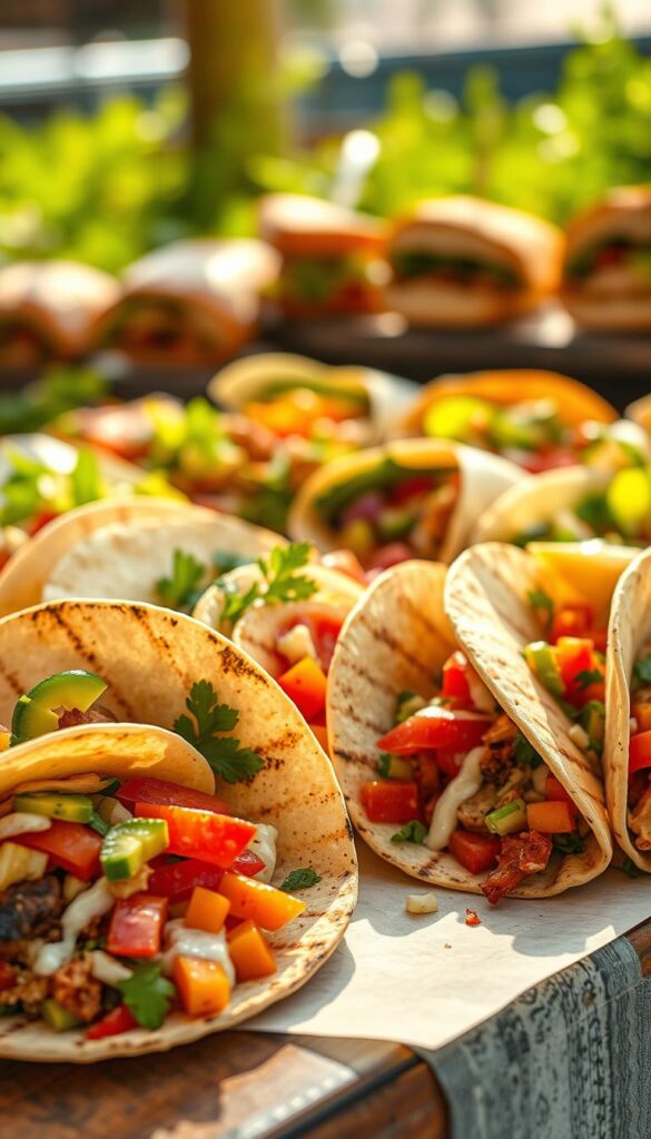 A mouthwatering array of tantalizing taco wraps and sandwiches, bathed in warm, golden light and captured with a crisp, photographic lens. In the foreground, freshly grilled tortillas are stuffed with vibrant veggies, juicy proteins, and creamy sauces, their flavors mingling in a symphony of tastes. In the middle ground, handheld wraps spill over with colorful fillings, their textures contrasting beautifully. And in the background, hearty sandwiches showcase artisanal breads and inventive flavor combinations, beckoning the viewer to take a bite. The overall scene exudes a sense of summer freshness, inviting the viewer to savor these healthy, delicious creations.