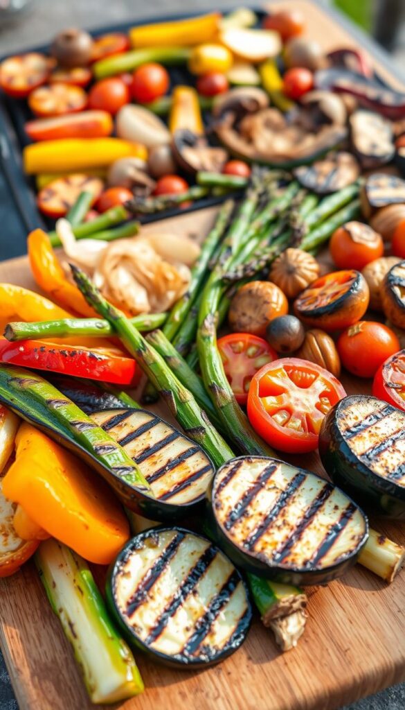 A mouthwatering display of freshly grilled vegetables arranged on a wooden cutting board. In the foreground, vibrant bell peppers, zucchini spears, and eggplant slices sizzle with grill marks, their rich colors and textures glistening under warm, natural lighting. The middle ground features charred asparagus spears and juicy tomato halves, while the background showcases a medley of grilled onions, mushrooms, and colorful summer squash. The scene evokes the aroma of smoky char and the sizzle of the grill, creating a tantalizing, farm-to-table atmosphere that celebrates the beauty and flavor of seasonal, vegetable-forward cuisine.