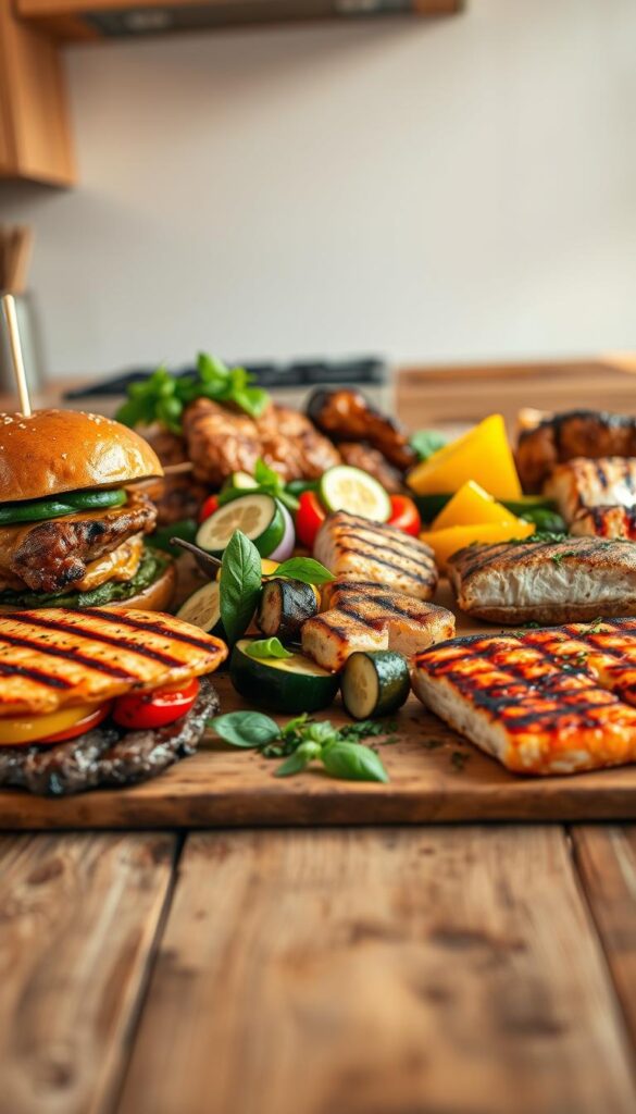 A mouthwatering display of sizzling grilled meats, crisp veggies, and fragrant herbs arranged on a rustic wooden table. The foreground features juicy burgers, tender chicken skewers, and succulent salmon fillets, all freshly grilled with tantalizing grill marks. The middle ground showcases charred zucchini, bell peppers, and onions, complemented by a sprinkle of fresh basil and rosemary. The background sets the scene with a simple, minimalist kitchen backdrop, allowing the vibrant colors and textures of the food to take center stage. Warm, golden lighting casts a cozy glow, heightening the inviting atmosphere. The overall composition evokes a sense of effortless, summertime grilling perfection.