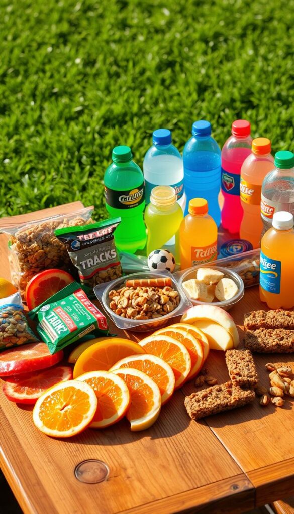 A neatly arranged assortment of soccer team snacks on a wooden table, captured in a warm, inviting light. In the foreground, an array of fresh fruits like orange slices, apple wedges, and banana chunks, alongside crunchy granola bars and energy-packed trail mix. In the middle ground, colorful water bottles and sports drinks stand ready to hydrate the players. The background features a backdrop of green grass, hinting at the field of play. The overall scene conveys a sense of healthy, quick nourishment to power the team through the game.