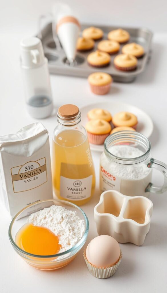 A neatly arranged selection of ingredients for homemade vanilla cupcakes, set against a clean, bright background. In the foreground, a bowl of all-purpose flour, a carton of fresh eggs, and a jar of vanilla extract. In the middle ground, a mixing bowl, a hand mixer, and a measuring cup filled with granulated sugar. In the background, a baking tray, a piping bag, and a plate of freshly baked cupcakes, creating an inviting and mouthwatering scene. Soft, natural lighting illuminates the scene, highlighting the textures and colors of the ingredients. The overall composition conveys a sense of simplicity, preparation, and the joy of baking from scratch.