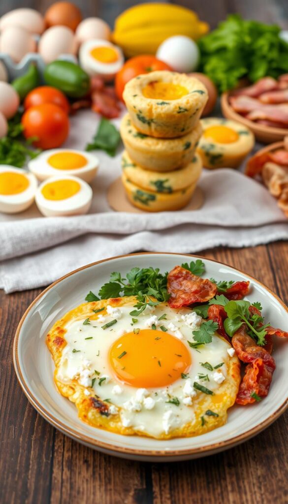 A neatly arranged spread of mouth-watering egg-based breakfast recipes. In the foreground, a plate showcases a delectable baked egg dish with crumbled feta, fresh herbs, and a golden yolk. In the middle ground, a stack of fluffy egg muffins in various flavors, such as spinach and cheese, stands out against a linen cloth backdrop. The background features an array of breakfast ingredients including eggs, bacon, tomatoes, and fresh greens, all bathed in warm, natural lighting. The overall scene evokes a cozy, inviting atmosphere, perfect for whipping up a quick and satisfying morning meal.