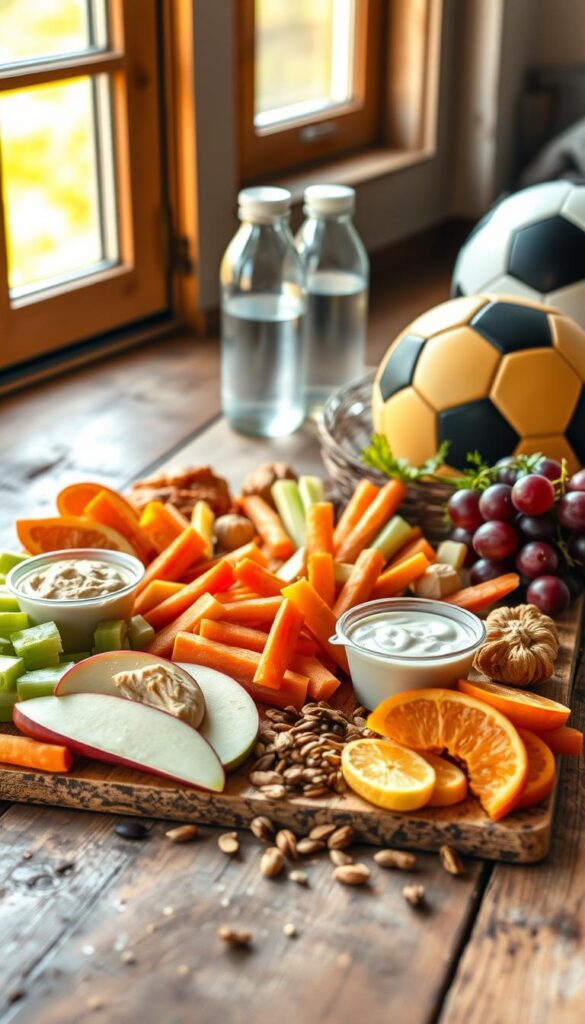 A neatly arranged spread of nutritious soccer snacks on a rustic wooden surface, illuminated by warm natural light filtering through a window. In the foreground, an assortment of fresh fruits like apple slices, orange wedges, and grapes, accompanied by crunchy carrot and celery sticks. In the middle ground, small containers of hummus and Greek yogurt for dipping, alongside a scatter of energy-boosting nuts and seeds. In the background, a few reusable water bottles and a soccer ball, suggesting an active, athletic lifestyle. The overall scene conveys a sense of balance, health, and fuel for the body.