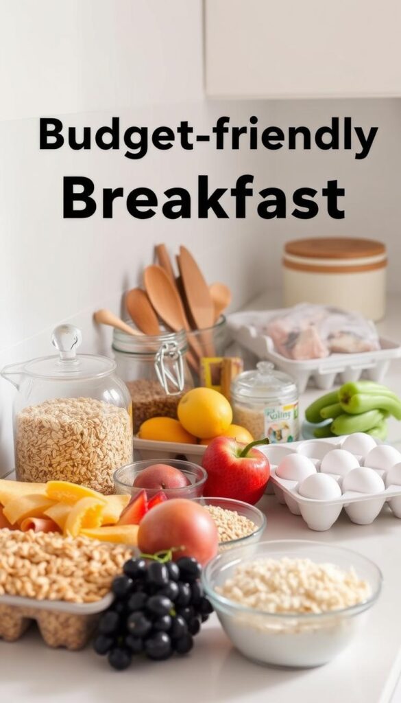 A neatly organized kitchen counter with an array of budget-friendly breakfast ingredients. In the foreground, a selection of whole grains, fresh fruits, and a carton of eggs. In the middle, a mixing bowl and utensils for meal preparation. The background features a minimalist white wall, with soft, natural lighting illuminating the scene. The overall atmosphere is one of simplicity, practicality, and a commitment to nutritious, cost-effective breakfast options.
