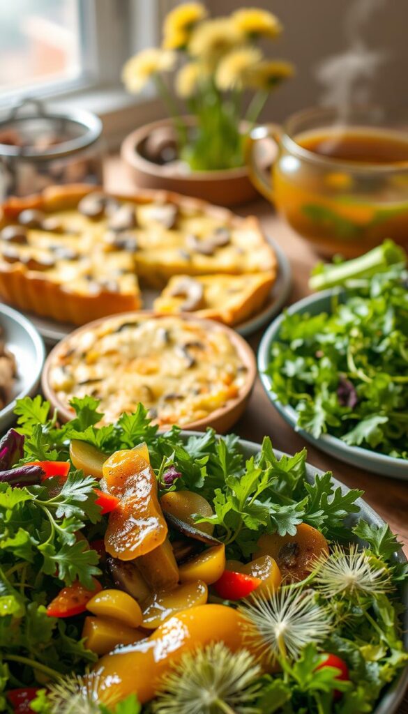 A nourishing feast of vibrant dandelion dishes, showcasing their remarkable health benefits. In the foreground, a bountiful salad overflows with lush dandelion greens, complemented by colorful vegetables and a drizzle of rich, golden dressing. In the middle ground, a hearty dandelion and mushroom quiche, its flaky crust and creamy filling beckoning. The background reveals a tableau of sautéed dandelion stems, fragrant with garlic and herbs, and a simmering pot of dandelion tea, steam gently rising. The scene is bathed in warm, natural light, capturing the verdant essence of this versatile and nourishing wild plant. A celebration of dandelion's impressive nutritional profile and culinary versatility.