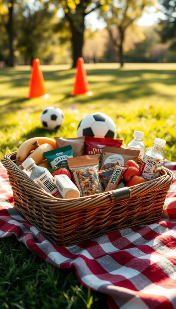 A picnic basket filled with an assortment of healthy soccer snacks, including fresh fruits, granola bars, trail mix, and individual water bottles, resting on a checkered picnic blanket in a sun-dappled park. The scene is captured with a shallow depth of field, drawing the viewer's attention to the vibrant colors and textures of the snacks. The lighting is warm and natural, casting gentle shadows and highlights to create a cozy, inviting atmosphere. In the background, a soccer ball and cones suggest the active lifestyle of the parent packing these portable snacks for their child's game or practice.