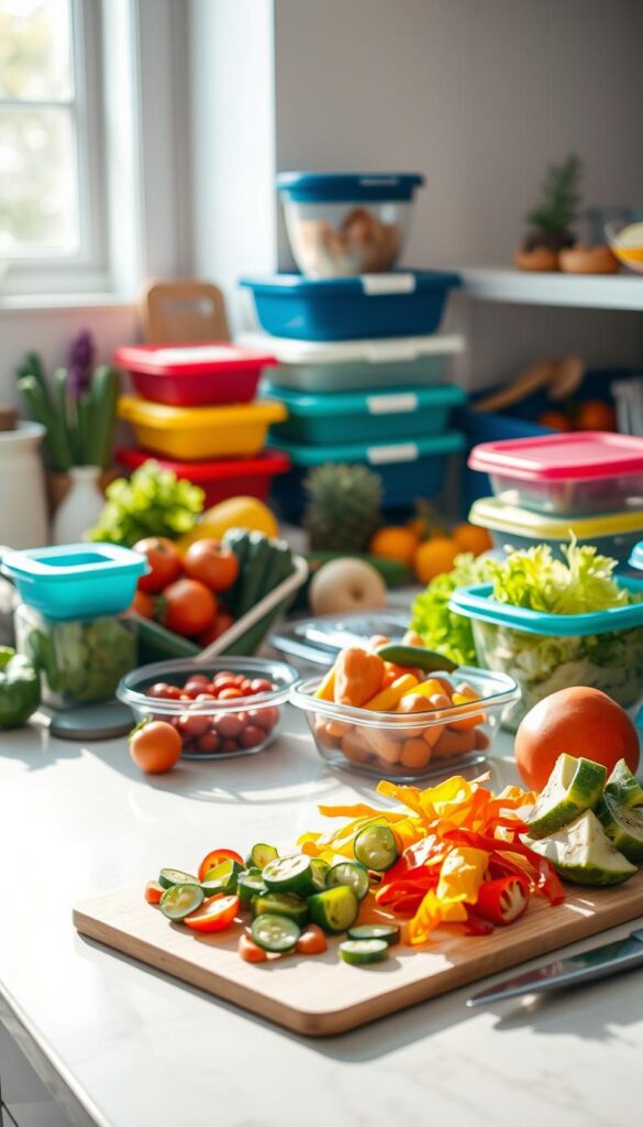 A radiant kitchen countertop, filled with an assortment of fresh produce, colorful containers, and organized meal prep tools. Soft natural light filters in, creating a warm and inviting atmosphere. In the foreground, a cutting board showcases neatly sliced vegetables, while in the middle ground, meal-sized portions are being portioned out into airtight containers. The background features a minimalist, neutral-toned backdrop, allowing the vibrant colors and textures of the meal prep essentials to take center stage. The overall scene conveys a sense of efficiency, organization, and a commitment to healthy summer dining.