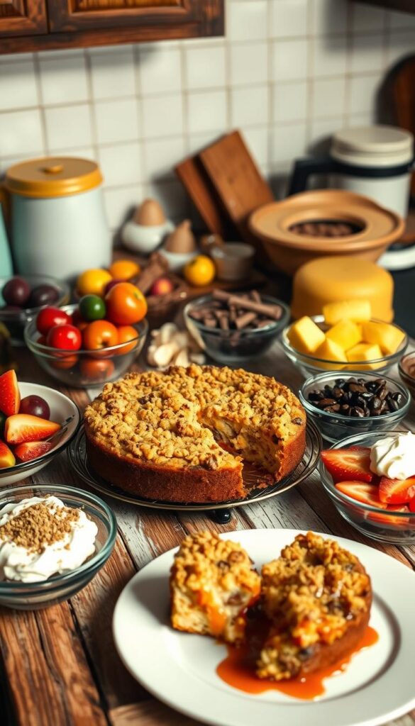 A rustic kitchen counter, adorned with an array of decadent dump cake recipes. In the foreground, a freshly baked cake with a golden, crumbly topping sits alongside a plate of warm, gooey slices. Surrounding it, a collection of colorful ingredients - juicy fruits, rich chocolate, and creamy toppings - creating a tempting display. The lighting is warm and inviting, casting a soft glow over the scene. In the background, faint silhouettes of mixing bowls, measuring cups, and other baking tools hint at the effortless preparation of these delightful desserts. The overall mood is one of indulgence and comfort, perfect for a crowd-pleasing party treat.