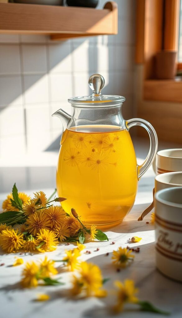 A serene kitchen counter, a glass teapot filled with golden dandelion infusion, surrounded by a scattering of fresh dandelion flowers and leaves. Natural sunlight filters through a nearby window, casting a warm glow on the scene. Close-up details reveal the delicate petals, the translucent liquid, and the rustic ceramic mugs waiting to be filled. The image conveys the simple pleasure of crafting a homemade dandelion tea, connecting the viewer to the natural world and the gentle art of foraging and herbal infusions.