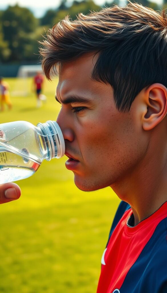 A soccer player mid-game, taking a sip from a water bottle, their face glistening with sweat under natural sunlight. The background shows a lush green soccer field, blurred but recognizable, with other players in the distance. The image conveys the importance of hydration during intense physical activity, with the player's focused expression and the dynamic sports setting. The lighting is soft and warm, creating a sense of energy and motion. Captured with a wide-angle lens, the composition draws the viewer's attention to the central figure and their vital act of replenishing fluids.