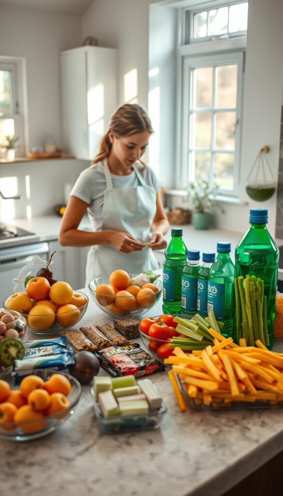 A spacious kitchen counter filled with an array of healthy soccer snacks - fresh fruits, granola bars, energy drinks, and pre-cut vegetable sticks. A woman in a white apron carefully arranges the items, creating an organized and inviting display. Soft natural lighting filters through the windows, casting a warm glow over the scene. The atmosphere is calm and focused, reflecting the thoughtful preparation of these nutritious snacks to fuel the team. The camera captures the scene from a slightly elevated angle, showcasing the care and attention to detail taken in this simple yet essential task.