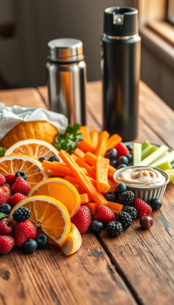 A still life arrangement of various healthy snacks on a rustic wooden table, bathed in warm, natural light. In the foreground, a mix of fresh fruits like orange slices, apple wedges, and berries. In the middle ground, crunchy vegetable sticks like carrot and celery, accompanied by a small bowl of hummus. In the background, a thermos and reusable water bottle, conveying the active, athletic lifestyle of soccer players. The composition is visually balanced and inviting, highlighting the nutritious fuel that can keep energy levels high during a soccer match.
