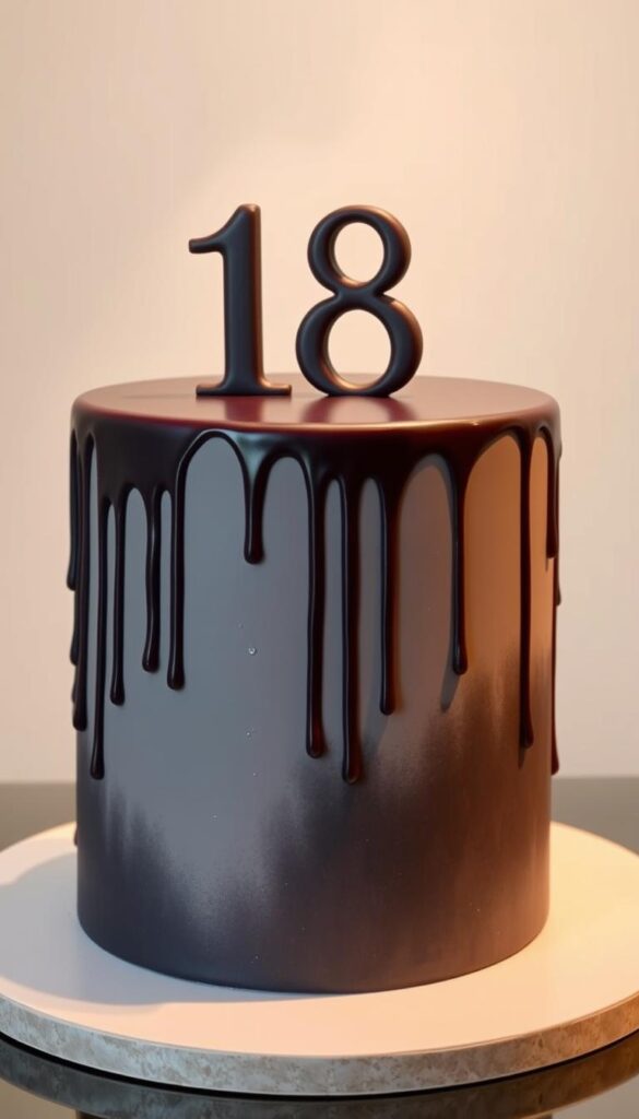 A stylish drip cake design with a smooth, glossy fondant exterior in a sophisticated, muted color palette. The cake is adorned with artistic drips of rich, jewel-toned glaze cascading down the sides, creating a visually striking and modern effect. Delicate, hand-piped flourishes and subtle metallic accents add a touch of elegance. The cake is set against a softly lit, minimalist background, with diffused lighting emphasizing the depth and texture of the design. The overall atmosphere is one of refined sophistication, perfectly suited for an 18th birthday celebration.