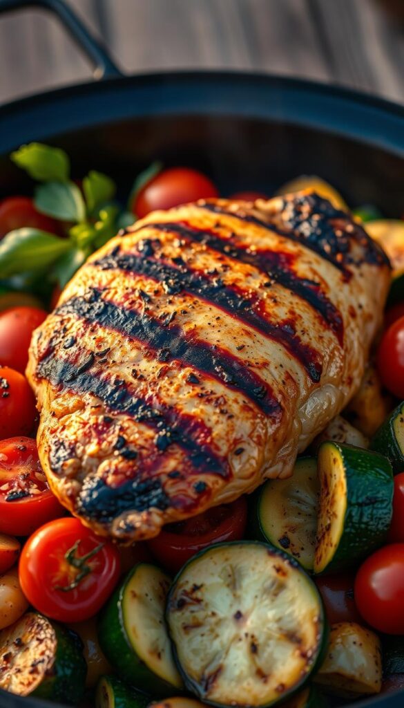 A succulent grilled chicken breast nestled atop a vibrant medley of fresh vegetables - zucchini, bell peppers, and cherry tomatoes. The chicken is cooked to a perfect golden-brown, charred edges hinting at the smoky, flavorful grill. The vegetables are lightly charred, retaining their crisp texture and vibrant colors. The scene is bathed in warm, golden-hour lighting, lending a cozy, inviting atmosphere. The camera angles capture the dish from an overhead perspective, highlighting the delectable arrangement. This wholesome, mouthwatering scene exemplifies the perfect grilled dinner, embodying the spirit of summer's abundance and the joy of alfresco dining.
