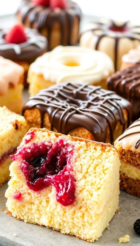 A sumptuous poke cake assortment, showcasing a variety of delectable flavors and textures. In the foreground, a moist, densely-crumbed vanilla cake is adorned with a luscious berry poke filling, its vibrant hues cascading down the sides. In the middle ground, a rich chocolate poke cake drizzled with a glossy ganache topping, contrasting with the lighter lemon poke cake beside it. The background features a spectacle of other poke cake recipes, each one a unique and tantalizing delight. Soft, natural lighting bathes the scene, highlighting the moist, inviting interiors of the cakes. The overall atmosphere is one of indulgence, creativity, and the perfect balance of flavors.
