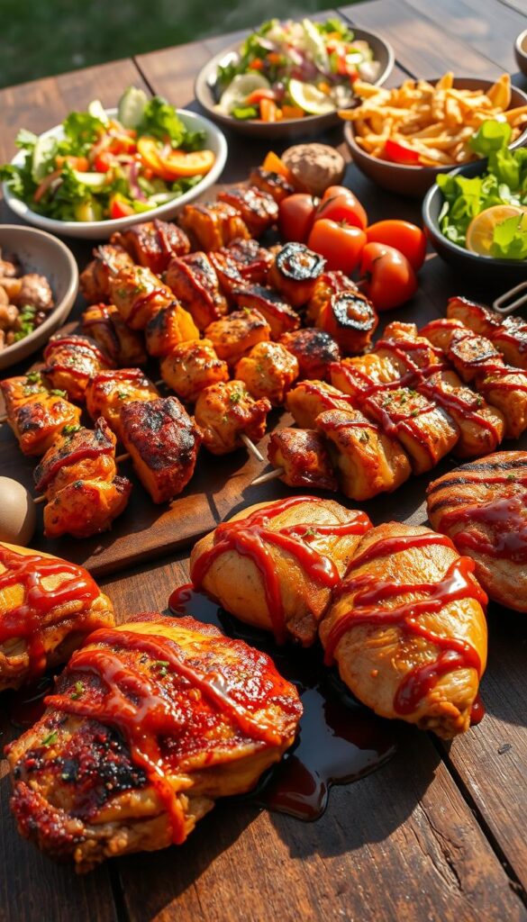 A sumptuous spread of grilled chicken dishes, artfully arranged on a rustic wooden table. In the foreground, succulent chicken thighs with a golden-brown sear, drizzled with a tangy barbecue sauce. In the middle ground, skewers of juicy chicken kebabs, seasoned with a fragrant blend of spices, sizzling over an open flame. In the background, a vibrant array of fresh salads and colorful roasted vegetables, complementing the main course. Soft, natural lighting casts warm shadows, evoking the cozy ambiance of an al fresco summer dinner. The scene exudes the inviting aroma of smoky, flavorful grilled chicken, perfectly capturing the essence of the "Grilled Chicken Recipes for Weeknight Dinners" section.