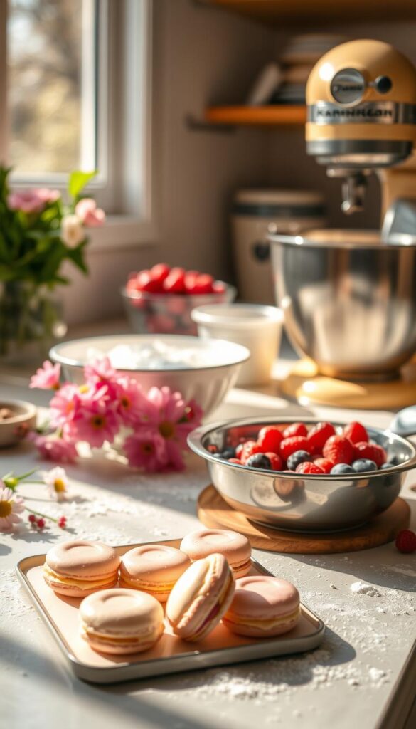 A sun-dappled kitchen counter, with a scattering of fresh spring flowers, flour, and baking tools. In the foreground, a tray of delicate pastel-colored macarons, their shells glistening. Behind, a bowl of vibrant berries and a stand mixer whirring, ready to whip up a batch of light, airy sponge cake. The warm, golden light filters through a nearby window, casting a cozy glow over the scene. The atmosphere is one of creativity, warmth, and the promise of sweet, seasonal delights.