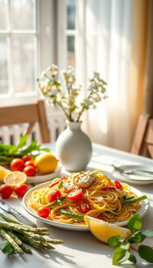 A sun-drenched kitchen table set with a vibrant springtime pasta dish, surrounded by fresh ingredients like asparagus, cherry tomatoes, lemon wedges, and a light, creamy sauce. Soft, natural lighting filters through sheer curtains, casting a warm glow over the scene. In the background, a vase of delicate spring flowers adds a touch of elegance. The overall mood is one of simplicity, freshness, and joie de vivre, inviting the viewer to savor the flavors of the season.