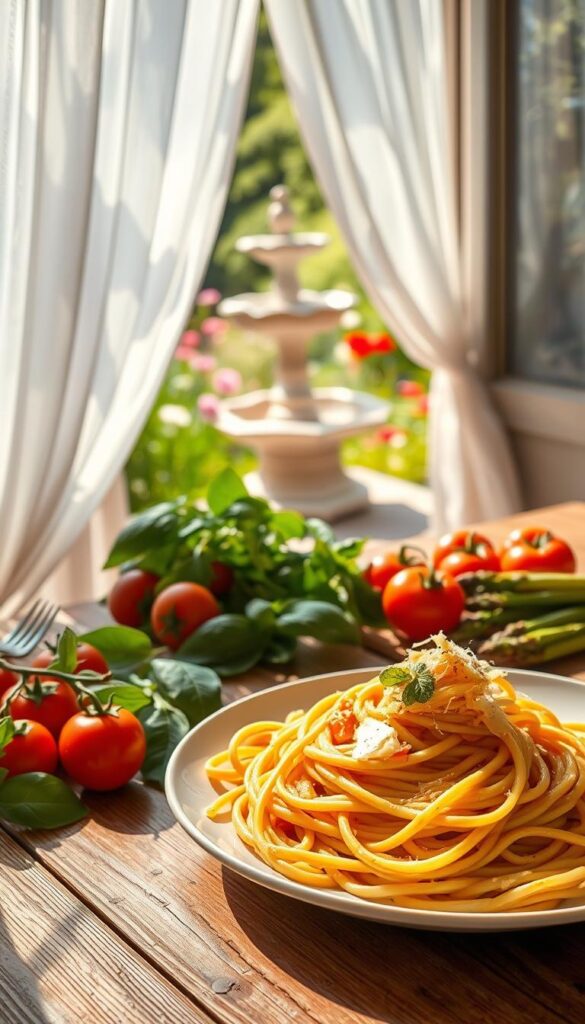 A sun-drenched outdoor dining scene, a light and airy pasta dish atop a wooden table. Vibrant seasonal produce - ripe tomatoes, fresh basil, and tender asparagus - arranged artfully around the plate. Soft natural lighting filters through wispy white curtains, casting a warm, inviting glow. In the foreground, a twirl of al dente spaghetti, dressed in a bright lemon-garlic sauce, topped with shredded Parmesan. The background features a lush garden, with delicate flowers and a tranquil fountain visible through the open windows. An atmosphere of springtime freshness and culinary delight.