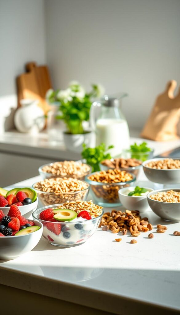 A sunlit kitchen counter showcases an array of fresh ingredients for a customizable morning meal. In the foreground, artfully arranged bowls hold colorful berries, sliced avocado, and creamy yogurt. The middle ground features a variety of whole grain cereals, nuts, and dried fruits, inviting the viewer to mix and match their favorite toppings. In the background, a modern glass pitcher of chilled plant-based milk and a small herb garden add a touch of health-conscious sophistication. Soft, diffused lighting creates a warm, welcoming atmosphere, encouraging the viewer to savor and personalize their breakfast experience.