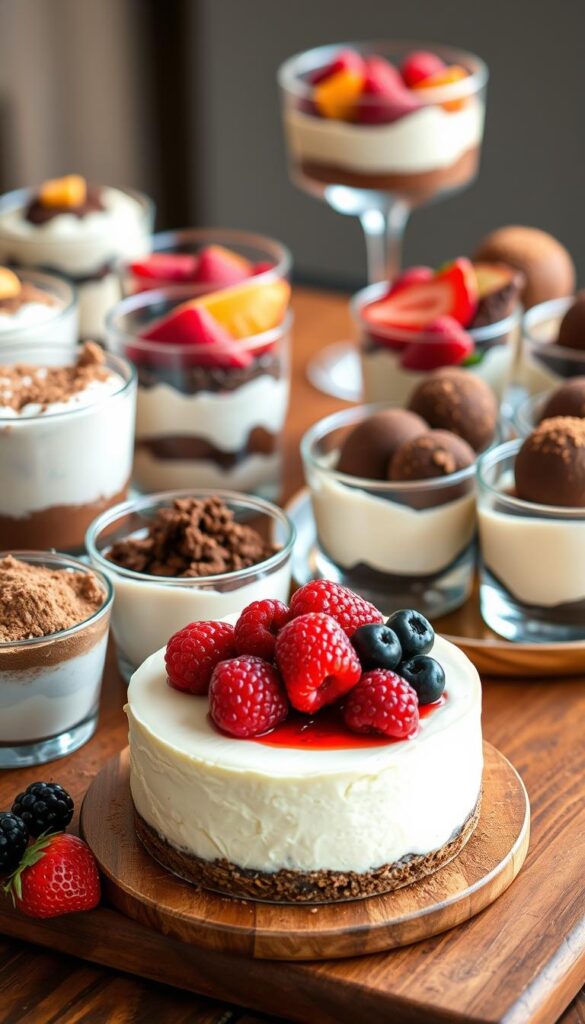 A tempting display of delectable no-bake desserts, artfully arranged on a wooden table. In the foreground, a creamy, luscious cheesecake adorned with fresh berries, its silky texture inviting a taste. Surrounding it, an array of decadent treats - velvety chocolate mousse cups, layered parfaits with vibrant fruits, and rich, indulgent truffles dusted with cocoa powder. The lighting is soft and warm, casting a gentle glow that highlights the natural colors and textures of the desserts. The overall atmosphere is one of effortless elegance and mouthwatering appeal, inspiring a craving for these crowd-pleasing, no-bake delights.