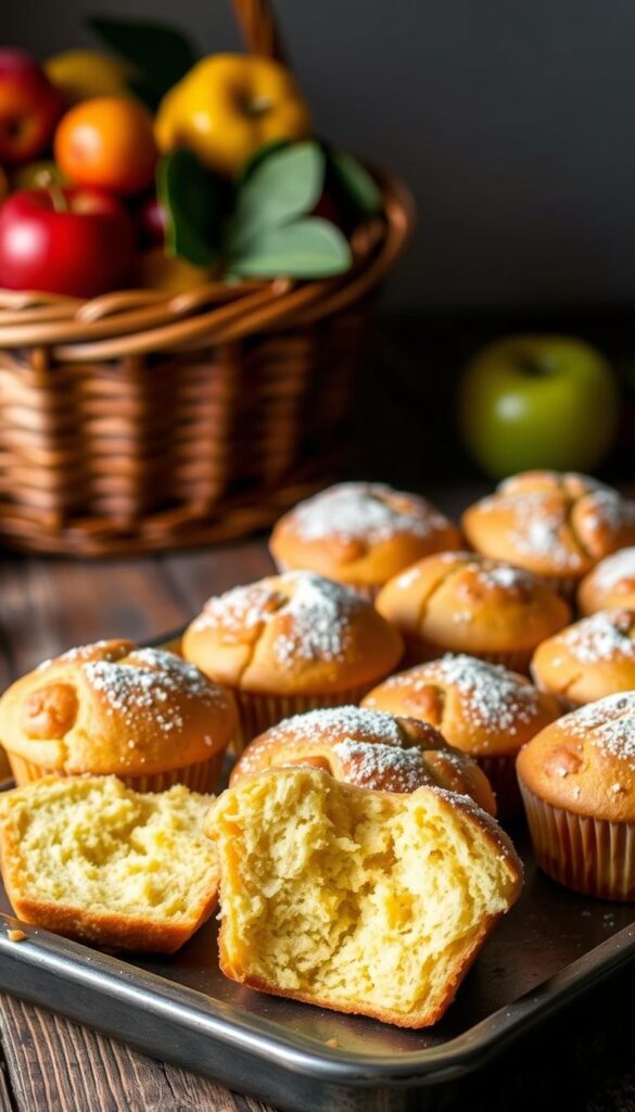 A tray of freshly baked, golden-brown muffins sits on a rustic wooden table, their tops delicately dusted with a light sprinkling of powdered sugar. The muffins are arranged in a visually appealing manner, with some sliced in half to reveal their soft, fluffy interiors. The lighting is soft and natural, creating a warm, inviting atmosphere. In the background, a woven basket overflows with an assortment of seasonal fruits, adding a touch of organic vibrancy to the scene. The overall composition conveys a sense of wholesome, homemade goodness, perfectly capturing the essence of the "Muffins and More: Wholesome Baked Breakfast Treats" section of the article.