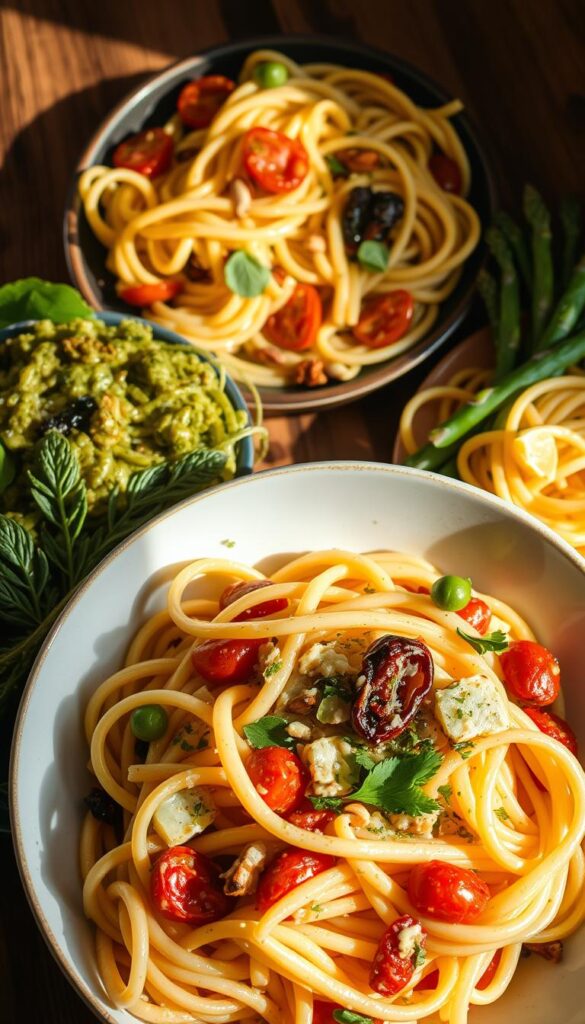 A vibrant and appetizing arrangement of the best spring pasta dishes, bathed in warm, natural lighting and captured from a carefully composed overhead angle. In the foreground, a delectable pasta primavera with perfectly al dente noodles, fresh vegetables, and a creamy, herb-infused sauce. Behind it, a colorful pesto pasta with sun-dried tomatoes, roasted pine nuts, and a drizzle of fragrant basil oil. Completing the scene, a zesty lemon and asparagus linguine, its bright flavors accentuated by the soft, diffused lighting. The entire composition exudes the essence of springtime, inviting the viewer to savor the comforting yet sophisticated flavors of these seasonal pasta masterpieces.