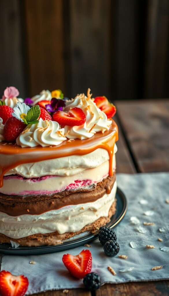 A vibrant and appetizing ice cream cake scene, captured in a warm, golden hour glow. In the foreground, an artfully crafted ice cream cake, its layers of vanilla, chocolate, and strawberry ice cream topped with a glossy mirror glaze and delicate swirls of whipped cream. Garnished with fresh berries, edible flowers, and a sprinkling of toasted coconut flakes, the dessert exudes an air of sophistication and indulgence. In the background, a rustic wooden table, adorned with a linen tablecloth, sets the stage for this delectable treat. Soft, diffused lighting illuminates the scene, creating a cozy, inviting atmosphere perfect for a hot summer day's gathering.
