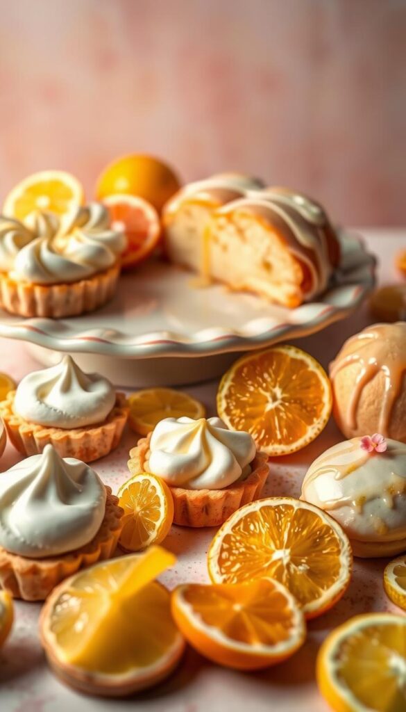 A vibrant and whimsical still life scene, capturing the essence of citrus-inspired spring sweets. In the foreground, an assortment of delicate pastries and confections - lemon tarts with glossy meringue peaks, delicate orange blossom macarons, and a decadent lemon pound cake drizzled with a tangy glaze. Scattered amongst the sweets, slices of juicy citrus fruits in hues of yellow, orange, and pink, adding a burst of freshness. The middle ground features an elegant ceramic platter, its glazed surface reflecting the warm lighting from above. In the background, a soft, pastel-hued backdrop, evoking the rejuvenating spirit of springtime. The overall composition is balanced and harmonious, inviting the viewer to indulge in these delightful, seasonal treats.