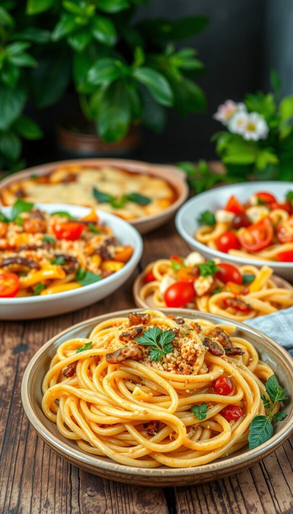 A vibrant, appetizing display of vegetarian pasta dishes, artfully arranged on a rustic wooden table. In the foreground, a perfectly al dente pasta with a creamy, plant-based sauce, garnished with fresh herbs and roasted vegetables. In the middle ground, a hearty pasta bake with layers of seasonal produce, melted cheese, and a golden-brown top. In the background, a light, springtime pasta salad bursting with colorful bell peppers, cherry tomatoes, and a zesty vinaigrette. Soft, natural lighting illuminates the scene, highlighting the rich textures and vibrant colors of these nourishing, meat-free pasta creations.