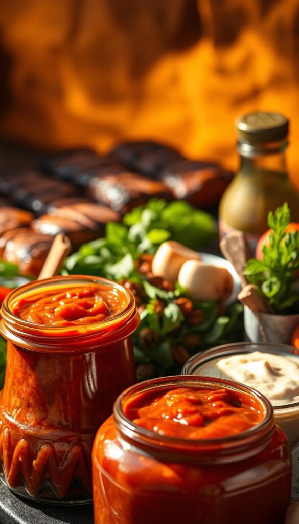 A vibrant array of marinades and sauces, meticulously crafted to elevate any grilled masterpiece. In the foreground, a selection of rich, glistening sauces - thick and glossy barbecue, zesty citrus-herb, and a creamy, piquant aioli. In the middle ground, an assortment of fragrant spices, fresh herbs, and pungent garlic cloves, ready to infuse bold flavors. The background is a softly blurred, warm-toned scene, evoking the mouthwatering aroma of a backyard grill. Dramatic side lighting casts dramatic shadows, accentuating the textural details of the ingredients. The overall composition exudes a sense of culinary sophistication and the promise of a sizzling, flavor-packed grilling experience.