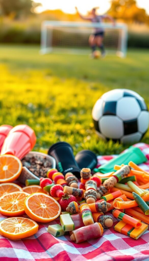 A vibrant, colorful still life showcasing an assortment of kid-friendly soccer snacks. In the foreground, a variety of bite-sized treats are arranged playfully on a checkered picnic blanket - juicy orange slices, colorful fruit skewers, mini energy bars, and crunchy veggie straws. In the middle ground, a soccer ball and shin guards add a sporty touch, while the background features a grassy field with a goal post in the distance, bathed in warm, golden afternoon light. The scene conveys a sense of active, healthy energy perfect for fueling young soccer players.
