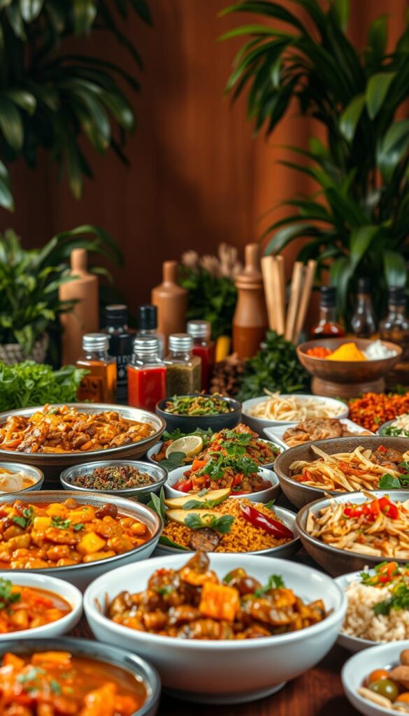 A vibrant feast of global flavors and culinary adventures. In the foreground, a bountiful spread of international dishes - sizzling curries, fragrant stir-fries, and colorful salads. Midground, a diverse array of spices, herbs, and condiments from around the world, artfully arranged. In the background, a backdrop of lush, verdant foliage, hinting at the exotic locales that inspire these flavorful creations. Warm, diffused lighting casts a inviting glow, evoking a sense of welcoming and exploration. The composition is balanced, with clean lines and a harmonious color palette that celebrates the beauty and diversity of global cuisines. This image conveys a spirit of culinary wanderlust, inviting the viewer to embark on a delicious journey of international flavors and global twists.