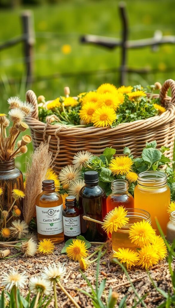 A vibrant, high-resolution image depicting an assortment of dandelion-based products, showcased in a natural, earthy setting. In the foreground, an arrangement of dandelion tinctures, salves, and essential oils in rustic glass bottles, complemented by dried dandelion flowers and leaves. In the middle ground, a woven basket overflowing with dandelion-infused teas, jams, and honeys, surrounded by a scattering of fresh dandelion greens and blossoms. The background features a softly blurred, verdant meadow with a hint of a wooden fence, creating a sense of pastoral tranquility. The lighting is warm and natural, with subtle shadows and highlights accentuating the textures and colors of the products. The overall composition conveys the versatility and natural beauty of dandelion-derived items beyond their culinary uses.
