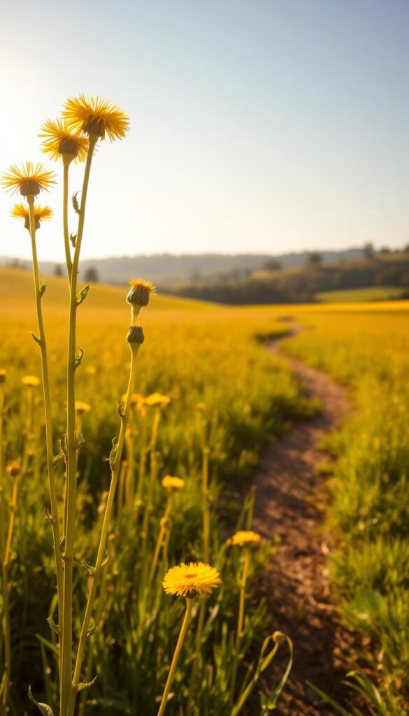 A vibrant meadow bathed in warm, golden sunlight. In the foreground, a cluster of dandelions sway gracefully, their delicate yellow flowers reaching towards the sky. The stems and leaves appear lush and verdant, inviting a closer examination. In the middle ground, a winding dirt path leads the eye deeper into the scene, hinting at the bounty of dandelions waiting to be discovered. The background is filled with a rolling landscape of gentle hills and distant trees, creating a serene and tranquil atmosphere. The overall composition conveys a sense of abundance, inviting the viewer to venture forth and forage these wild, nutritious greens.
