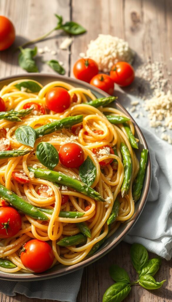 A vibrant, mouthwatering still life of a Pasta Primavera dish, captured in soft, natural lighting. In the foreground, a generous serving of al dente pasta noodles, tossed with a medley of fresh spring vegetables - tender asparagus, crisp snow peas, vibrant cherry tomatoes, and fragrant basil leaves. The pasta is coated in a creamy, lemon-infused sauce, casting a delicate sheen. Surrounding the pasta, an assortment of freshly grated parmesan, a drizzle of olive oil, and a sprinkle of cracked black pepper. In the middle ground, a wooden table with a crisp white linen, creating a rustic, yet refined backdrop. The overall scene evokes the essence of springtime, with a light, airy atmosphere and a sense of simple, seasonal abundance.