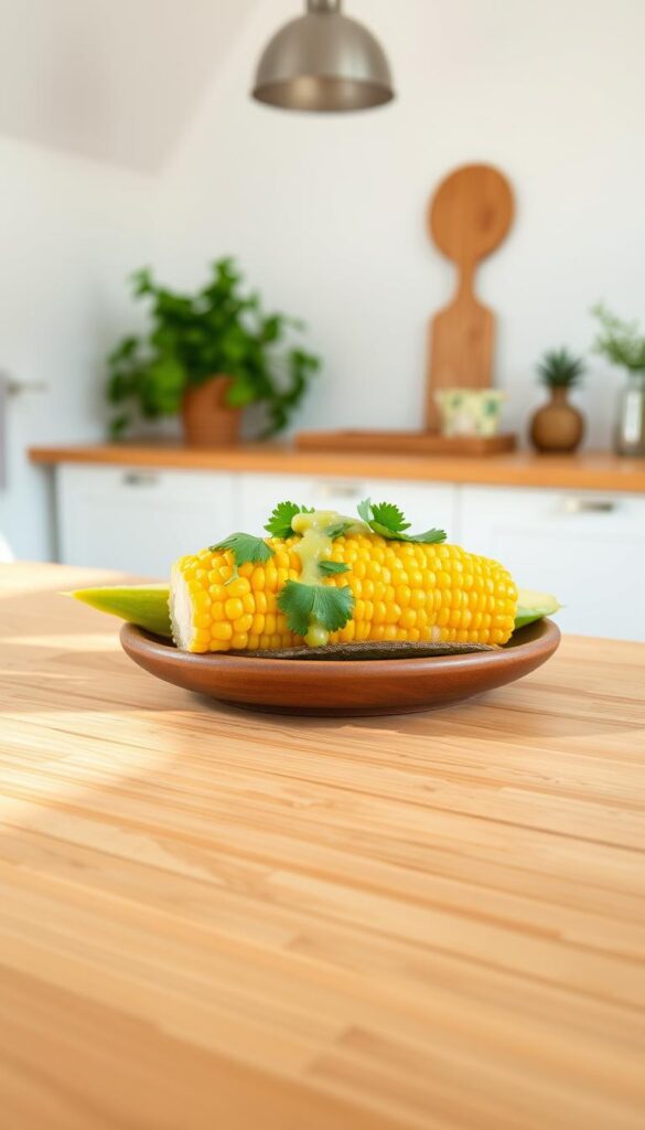 A vibrant no-oven avocado corn dish sits on a wooden table, its creamy avocado and crisp kernels glistening under soft, natural lighting. The dish is artfully arranged, with fresh cilantro and a drizzle of tangy lime vinaigrette adding pops of color and flavor. In the background, a minimalist kitchen setting with clean, white walls and simple decor creates a serene, summer-inspired atmosphere, perfect for a light, no-oven dinner. The overall presentation is inviting and highlights the dish's fresh, healthy ingredients, capturing the essence of the "No-Oven Cooking Trends for a Cooler Dinner" section.